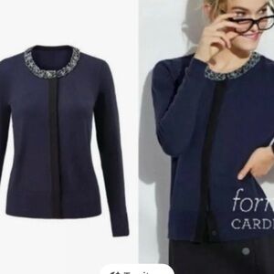 CAbi #3304 Navy Blue Cardigan with Embellished Collar